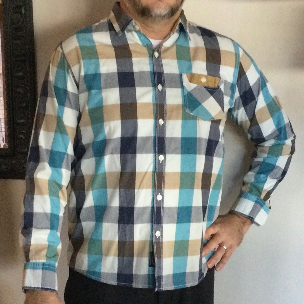 SEVEN7 JEANS LONG SLEEVE CHECKED SHIRT ELBOW PATCH EUC SZ LG